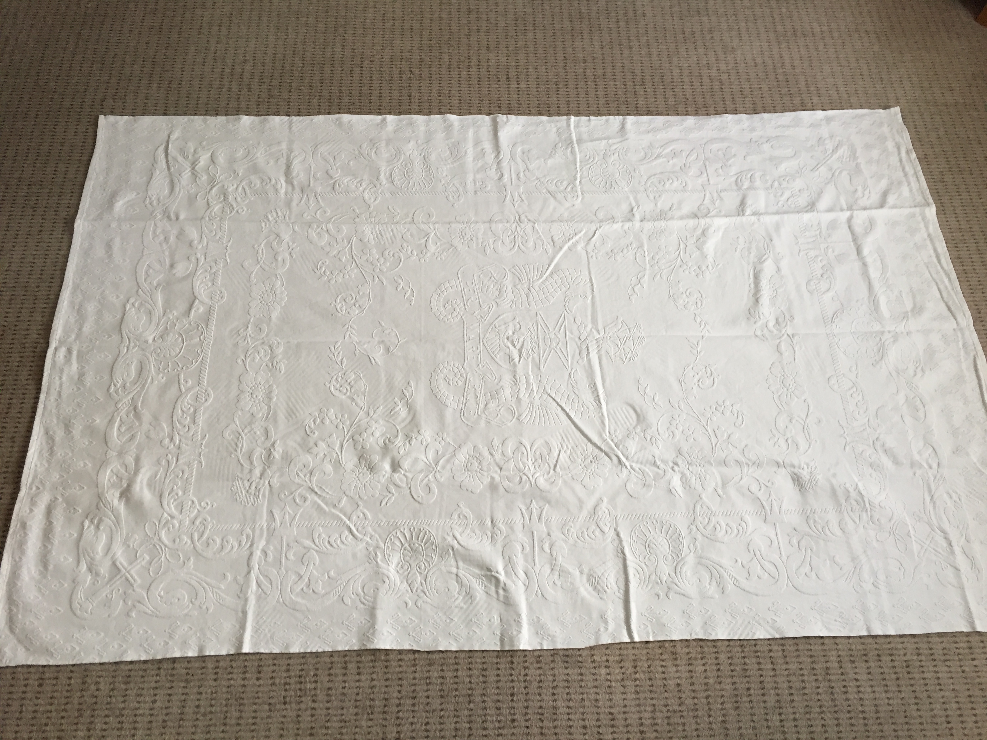 AS USED IN SERVICE LARGE EMBOSSED DINING TABLE CLOTH FROM THE ROYAL MAIL LINE SHIPPING COMPANY